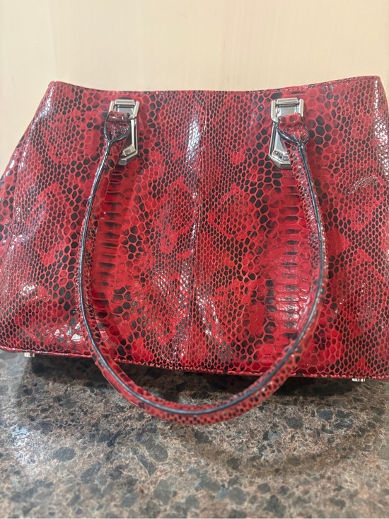 Danier Handbags - Danier Red Snake-Print Patent Leather Shoulder Bag